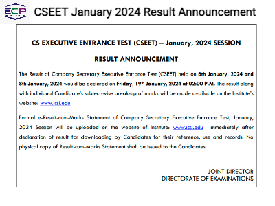 CSEET January 2024 Result Announcement on 19 January, 2024